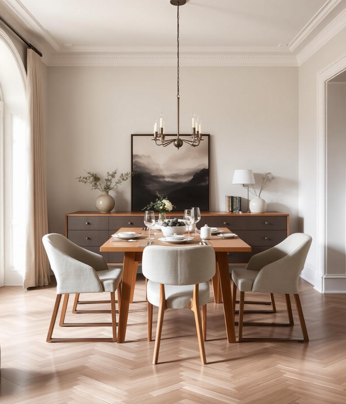 Editorial dining room with linen chairs
