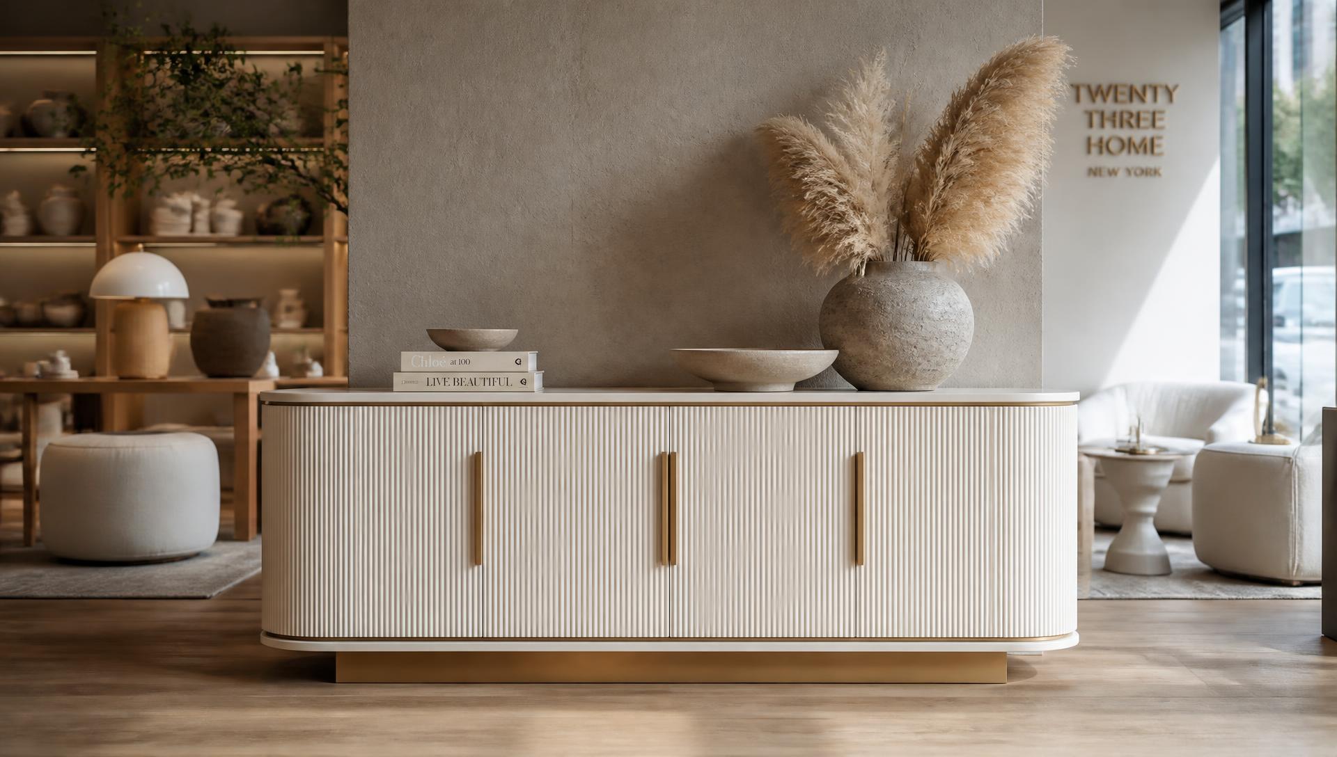 Curated living room featuring a reeded sideboard